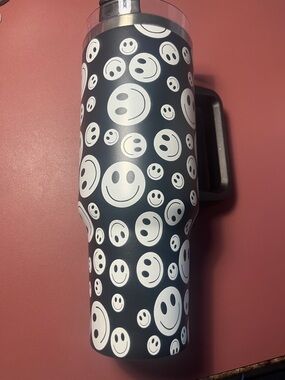 Black Smiley Pattern Insulated Travel Tumbler with Handle